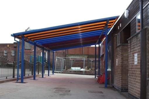 Multicoloured polycarbonate roof canopy we installed at Edna G Olds