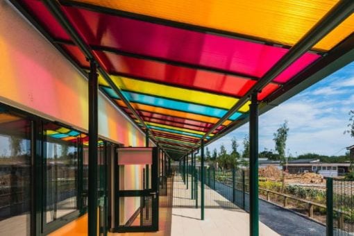 Multicoloured roof canopy we designed for The Bridge School