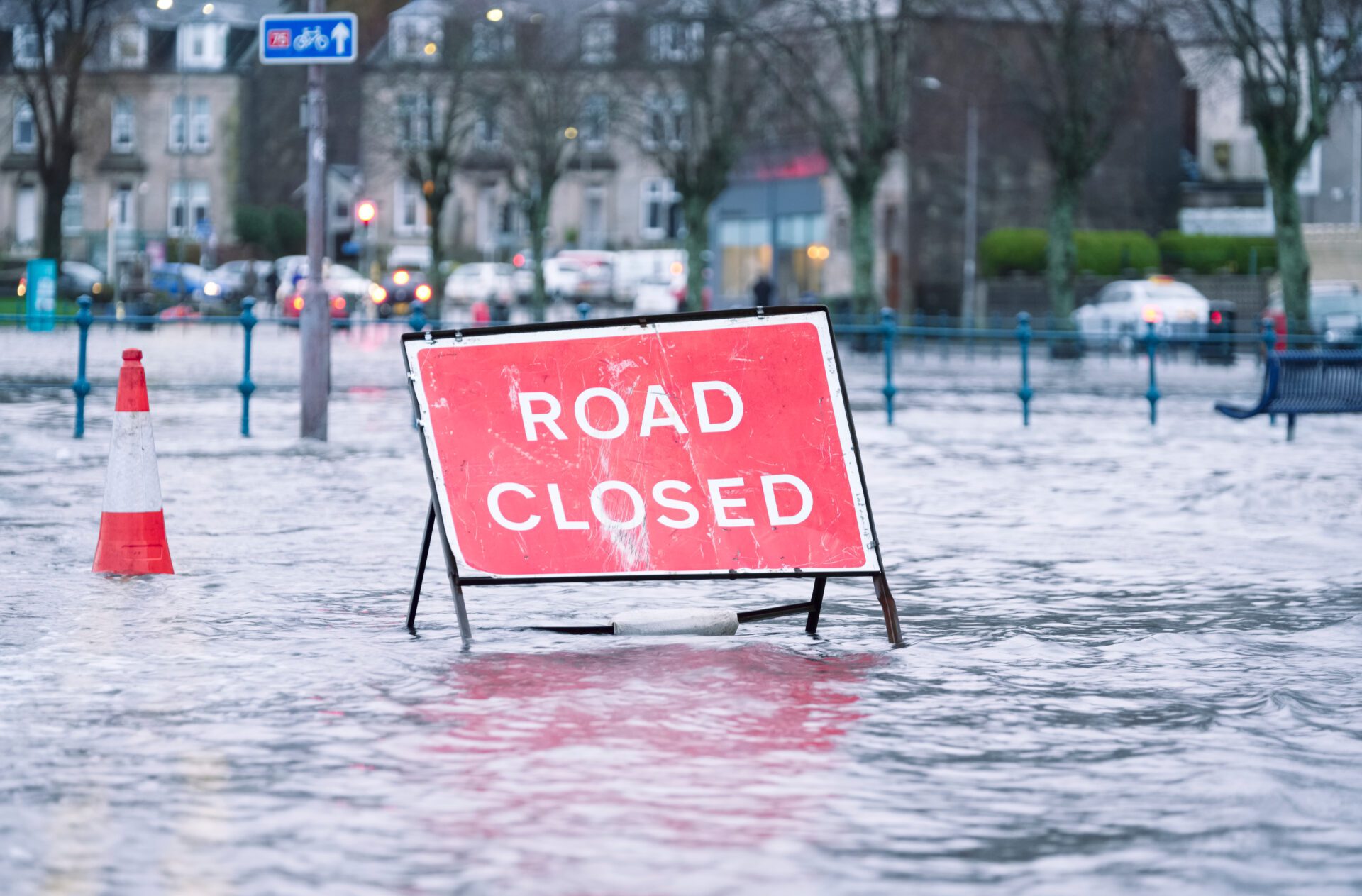 road closed sign in bad uk weather